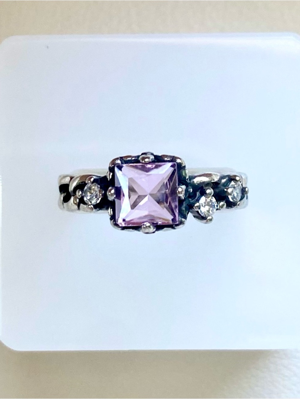 Silver Square Amethyst Ring with Accent Stones - Purple